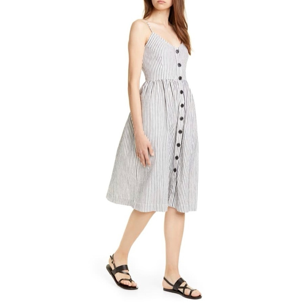 ATM Anthony Thomas Melillo Striped Cotton Linen Button Front Midi Dress Medium